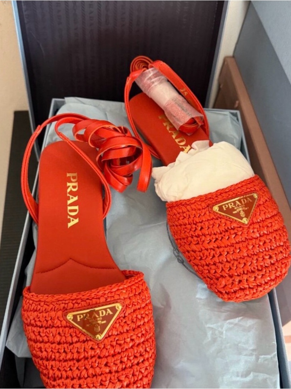 Prada Women’s Orange Raffia Lace-Up Flat Espadrilles Authentic NIB Size 5 - Picture 9 of 9